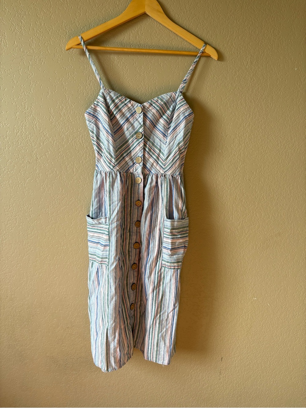Bebop Dress M Blue Pink Stripe Linen Smocked Button Down Boho Pockets Prairie